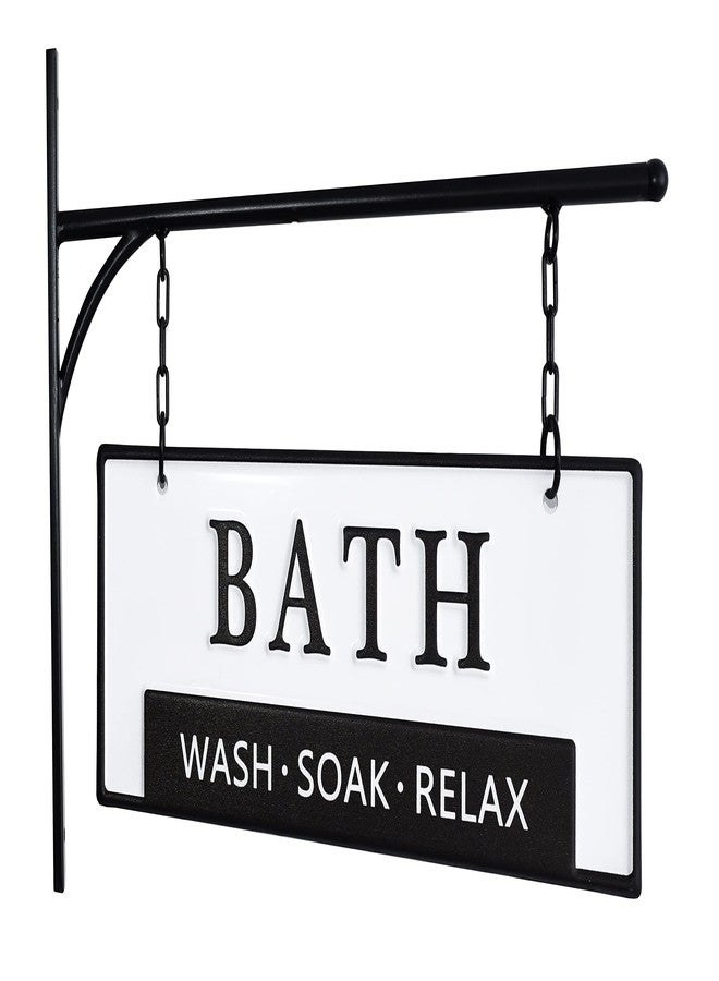 MACVAD Double-Sided Bathroom Door Hanging Sign, Embossed Black on White Enamel Metal Sign with Bracket, Modern Farmhouse Bathroom Wall Decor - Image 2